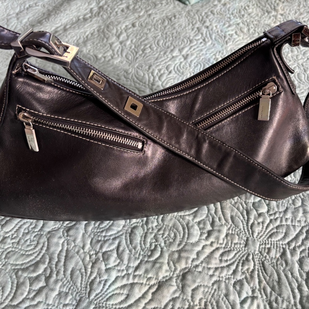 Ladies Black Leather Purse Vintage Perlina NY Designer Shoulder Handbag Medium - Picture 3 of 7